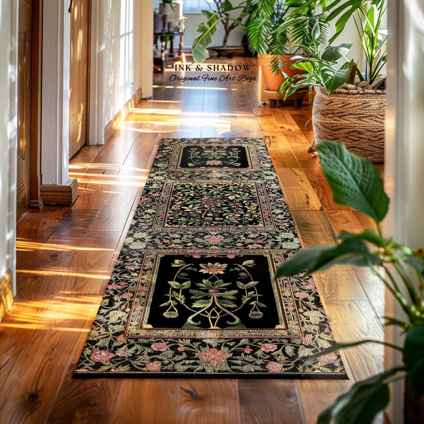 Gothic Elegance Botanical Cherry Art Rug | Romantic Dark Cottagecore Floral Fruit Garden Decor Whimsical Victorian Style Floor Mat Accent