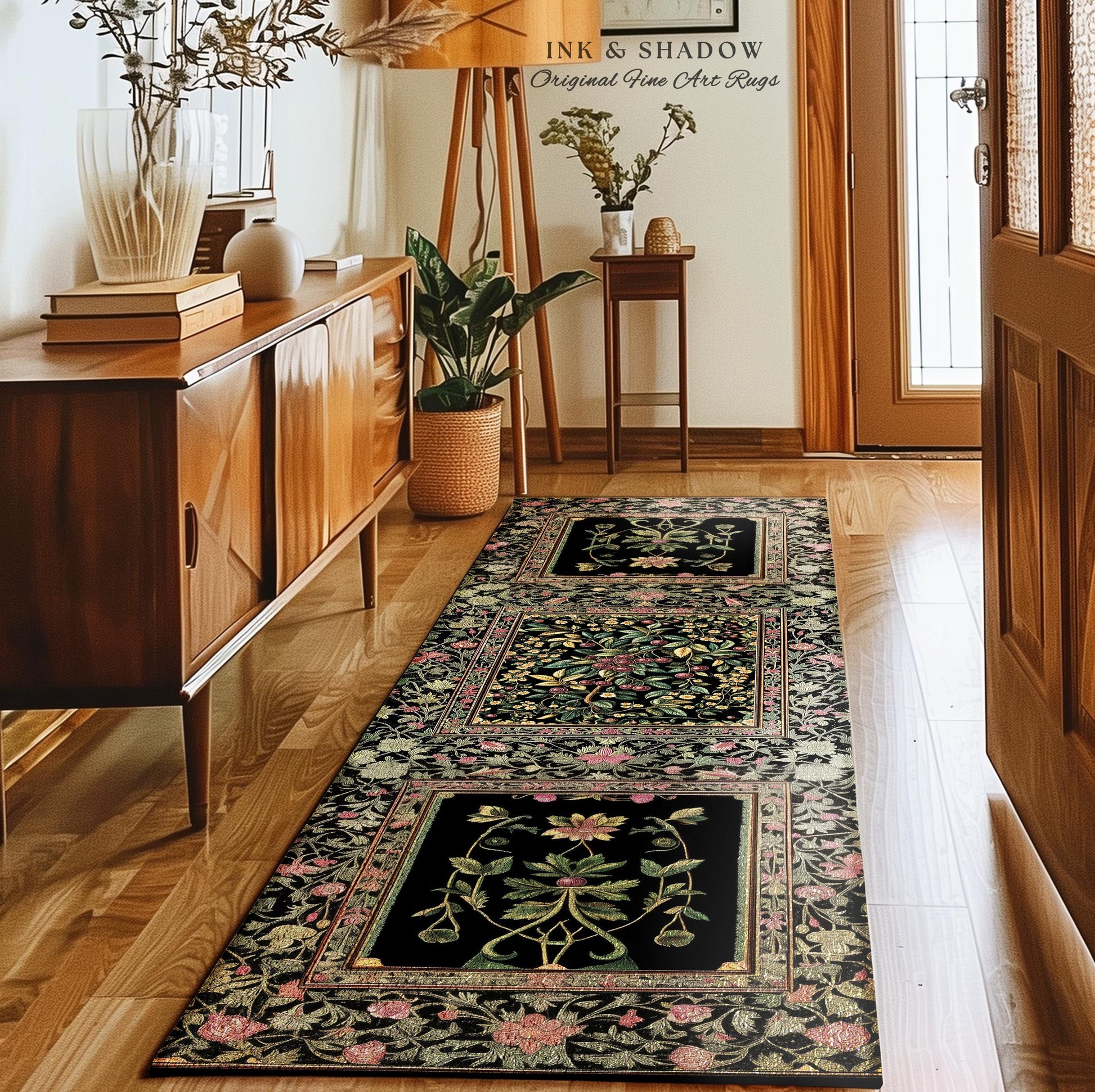 Gothic Elegance Botanical Cherry Elegant Runner Rug | Romantic Dark Cottagecore Floral Hallway Mat Whimsical Vintage Victorian Garden Decor