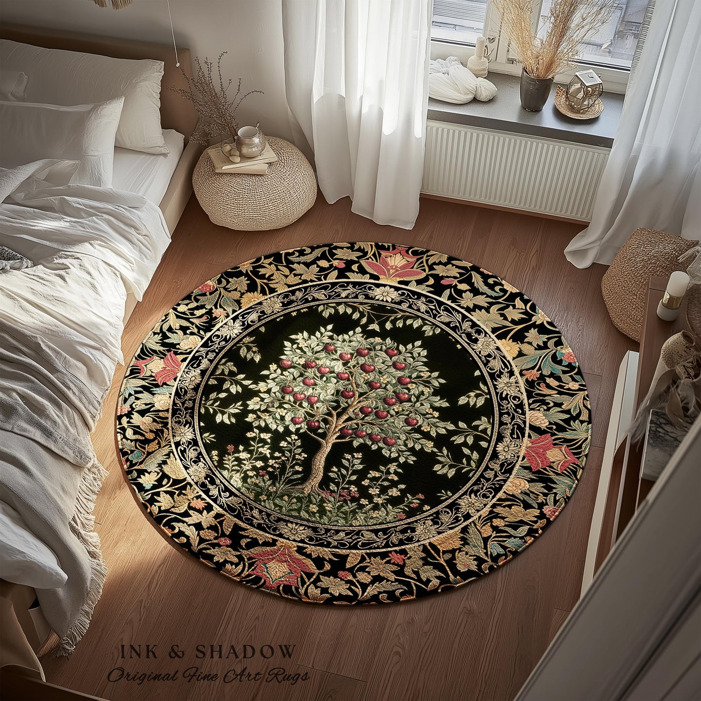 Rustic Garden Cherry Fruit Tree Area Rug | Medieval Floral Motif Gothic Botanical Decor Romantic Baroque Vintage Style Floor Art Mat Accent