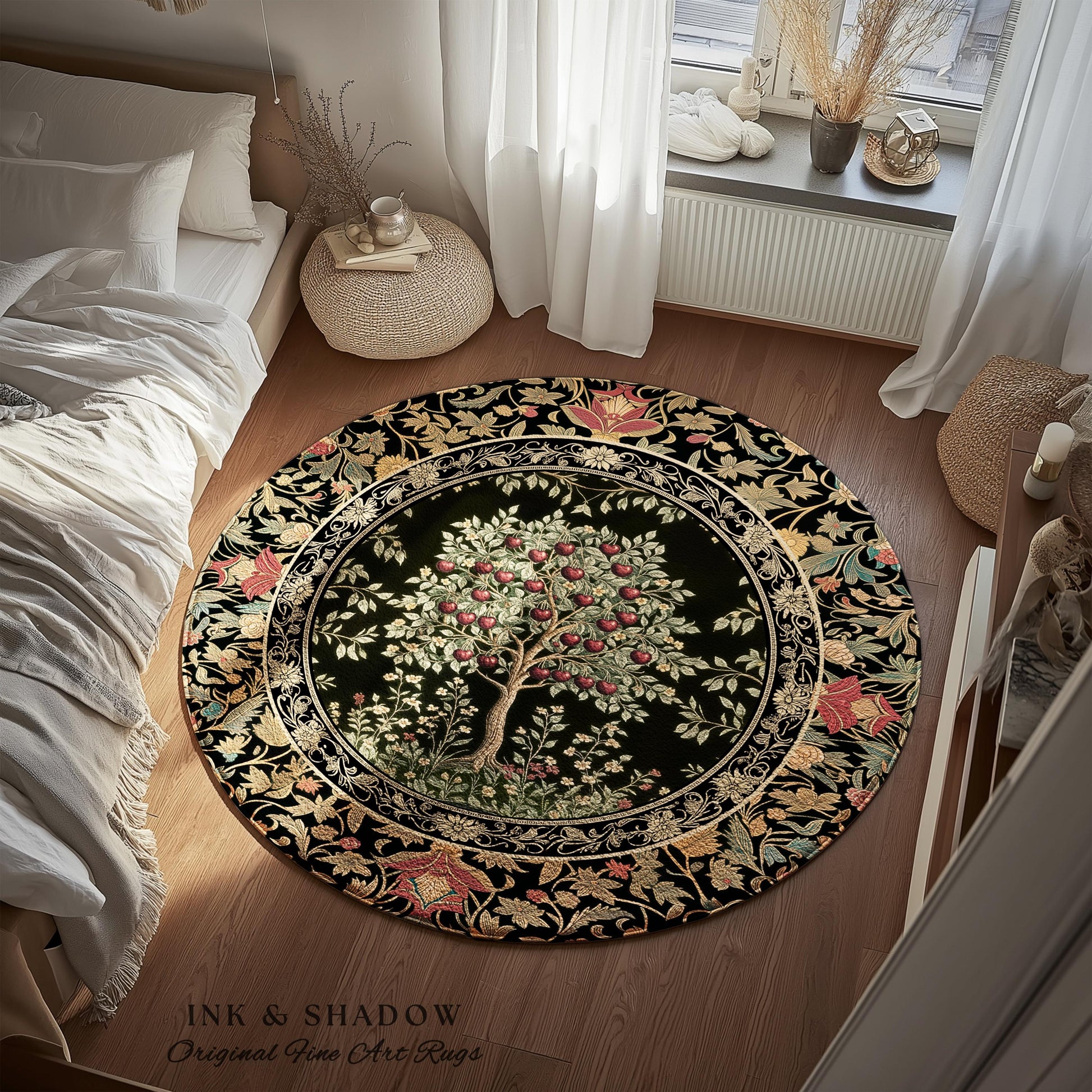 Rustic Garden Cherry Fruit Tree Area Rug | Medieval Floral Motif Gothic Botanical Decor Romantic Baroque Vintage Style Floor Art Mat Accent
