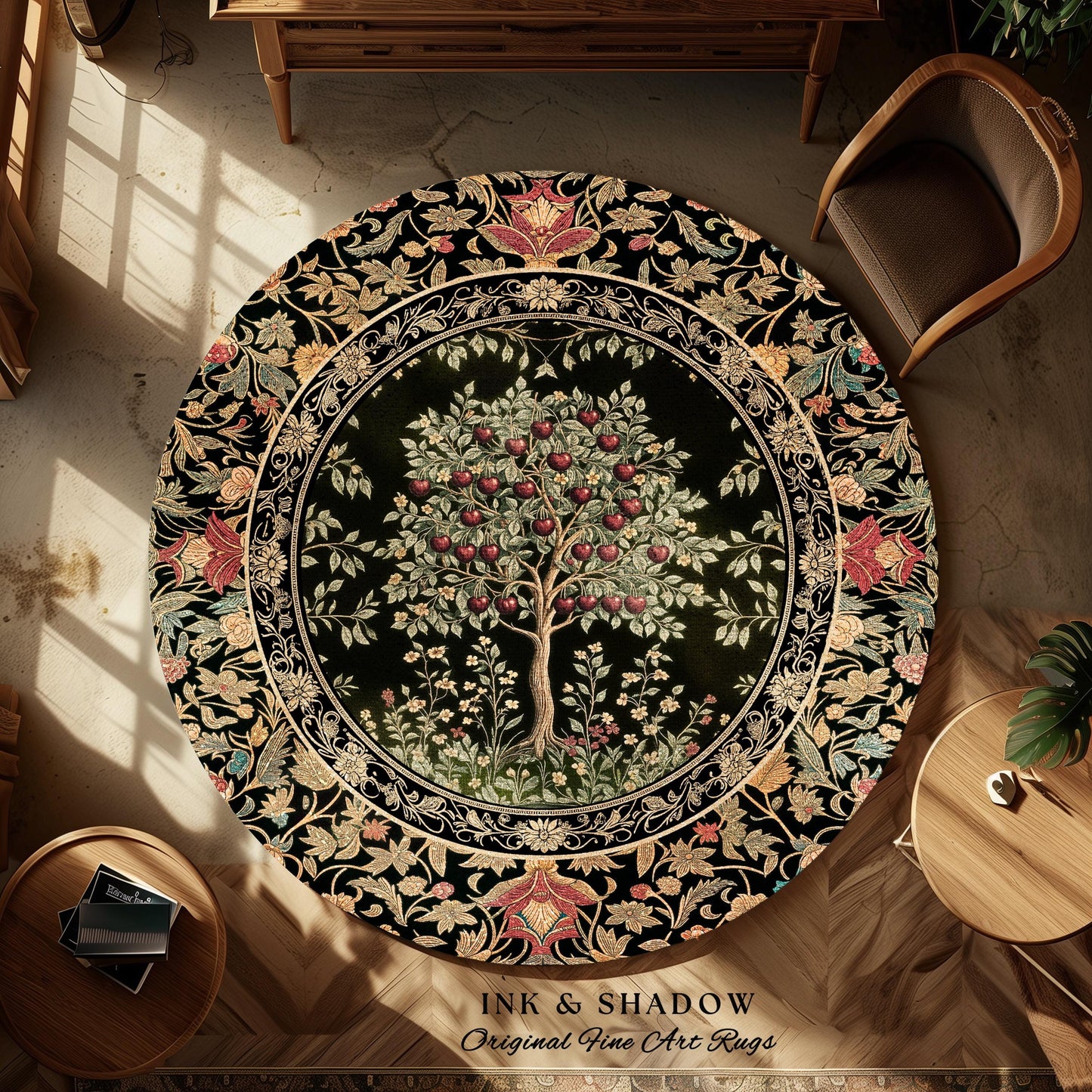 Rustic Garden Cherry Fruit Tree Area Rug | Medieval Floral Motif Gothic Botanical Decor Romantic Baroque Vintage Style Floor Art Mat Accent