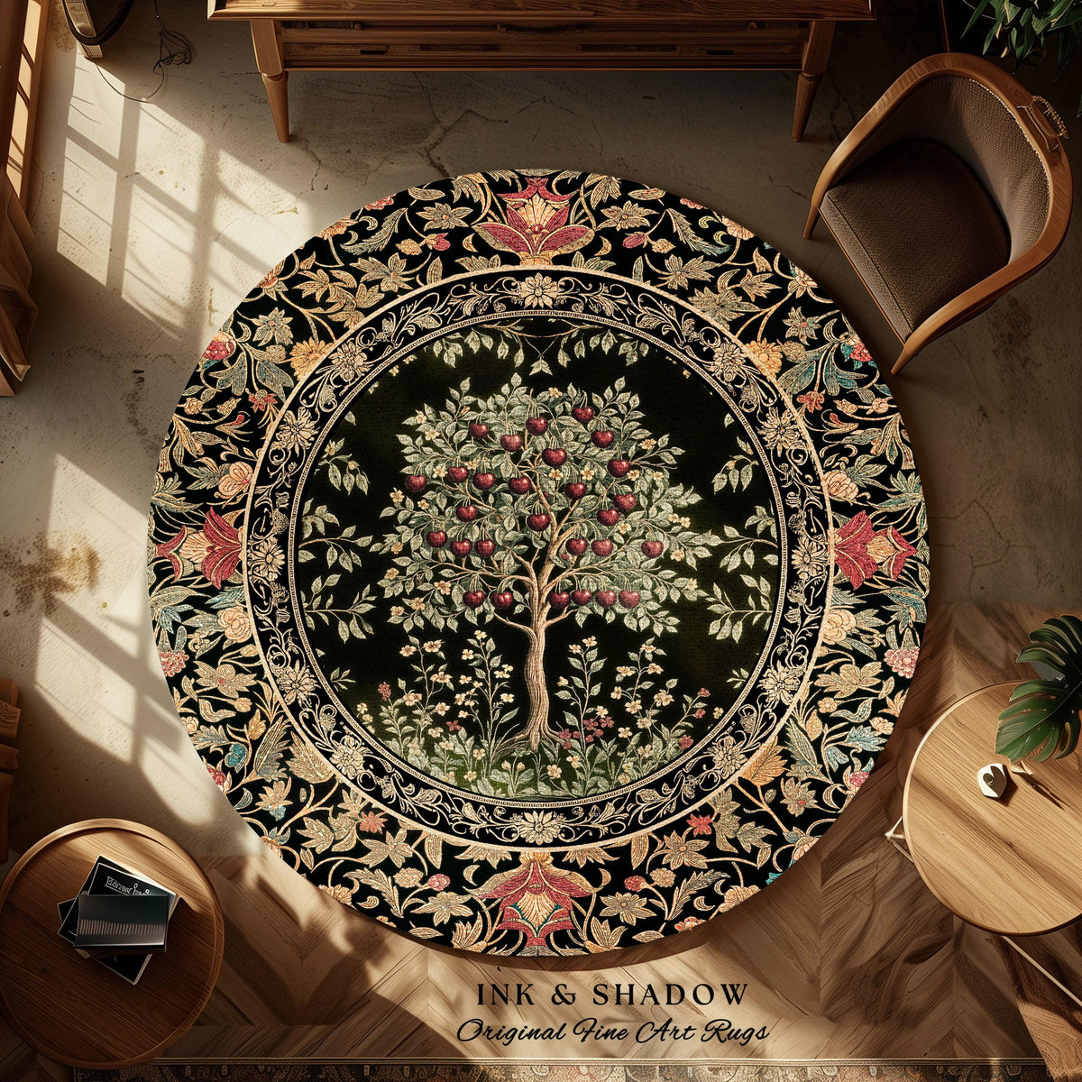 Rustic Garden Cherry Fruit Tree Area Rug | Medieval Floral Motif Gothic Botanical Decor Romantic Baroque Vintage Style Floor Art Mat Accent