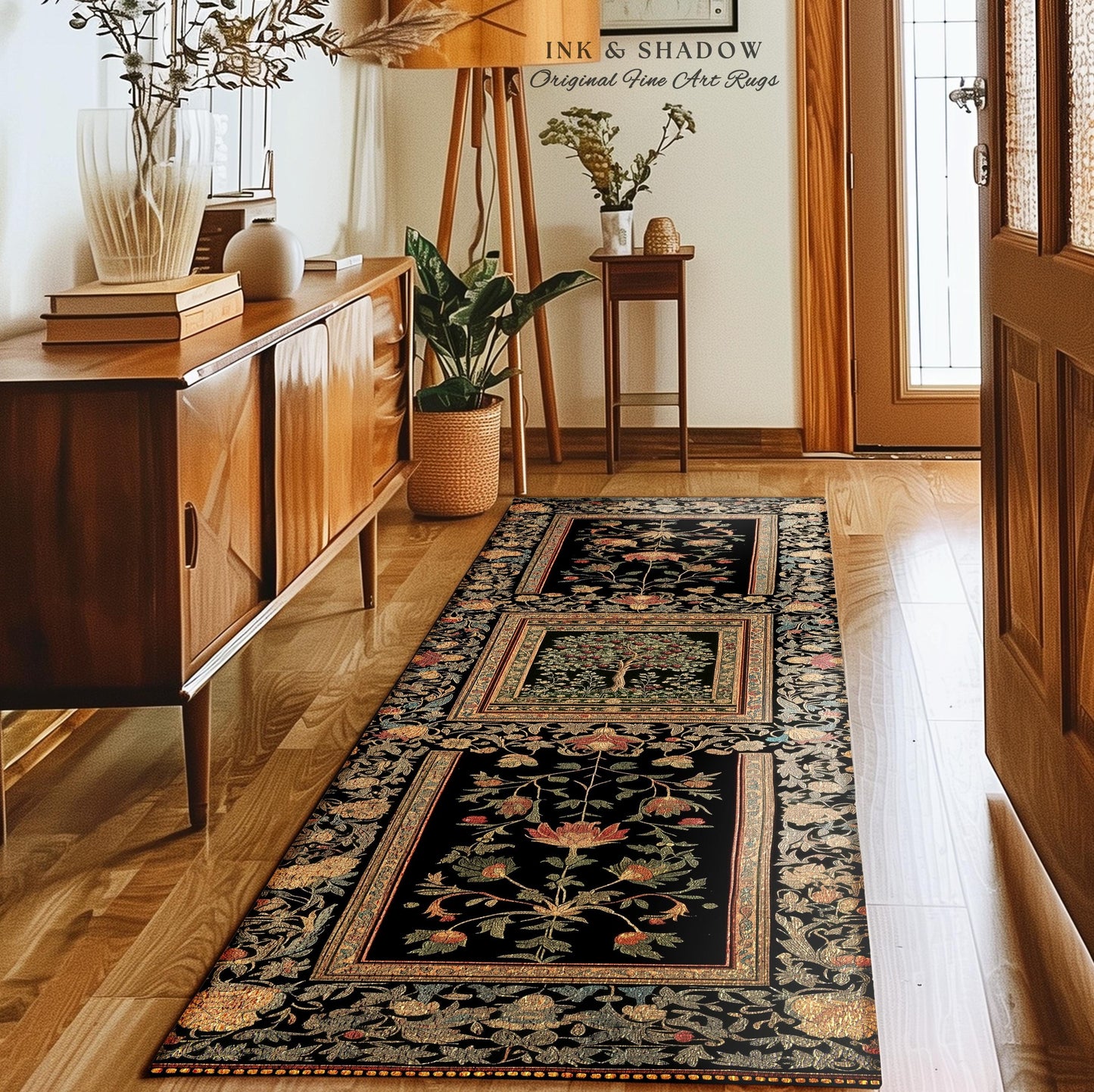 Rustic Garden Cherry Fruit Tree Area Rug | Medieval Floral Motif Gothic Botanical Decor Romantic Baroque Vintage Style Floor Art Mat Accent