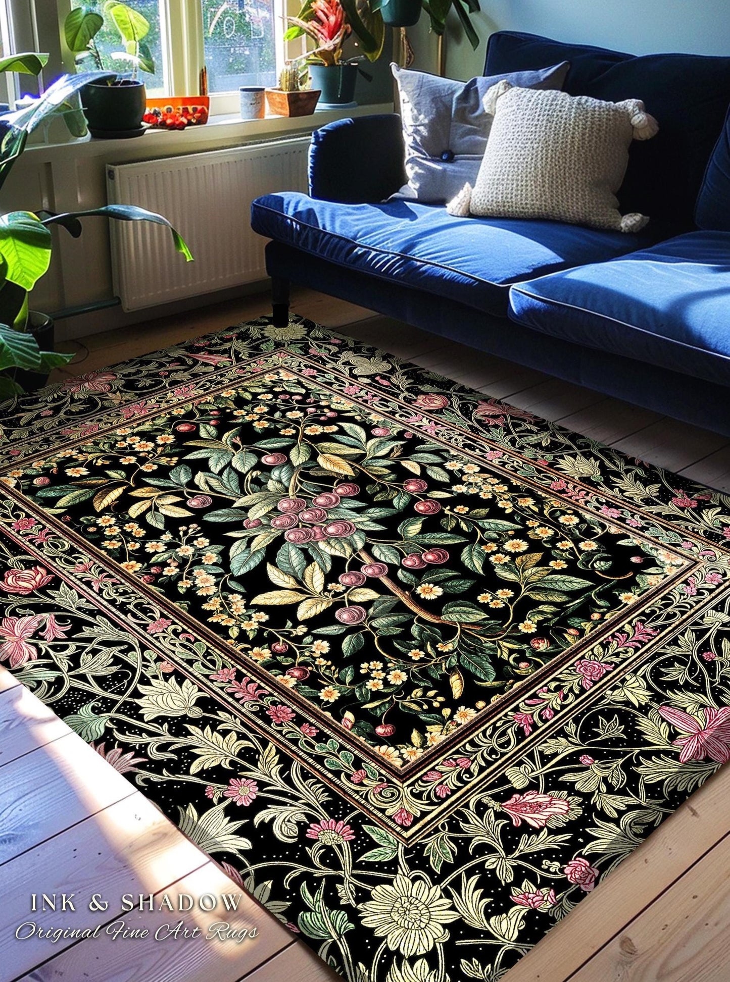 Gothic Elegance Botanical Cherry Art Rug | Romantic Dark Cottagecore Floral Fruit Garden Decor Whimsical Victorian Style Floor Mat Accent
