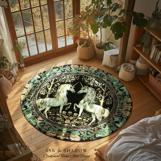 May include: Round rug featuring two white unicorns facing each other against a black background, surrounded by trees and floral patterns. The rug has a green and black border and is placed on a wooden floor. The text "INK & SHADOW Original Fine Art Rugs" is at the bottom.