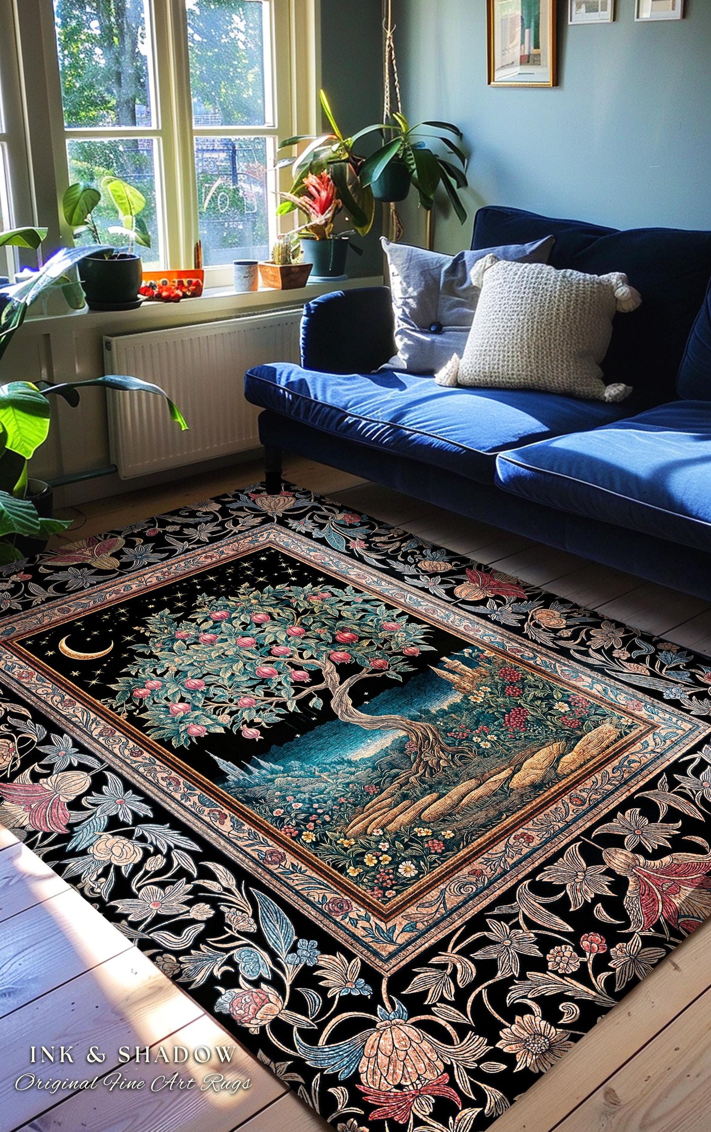 Twilight Orchard Tree of Life Round Rug | Enchanted Harvest Aesthetic Crimson Medieval Moonlit Magic Art Eclectic Interior Home Floor Accent