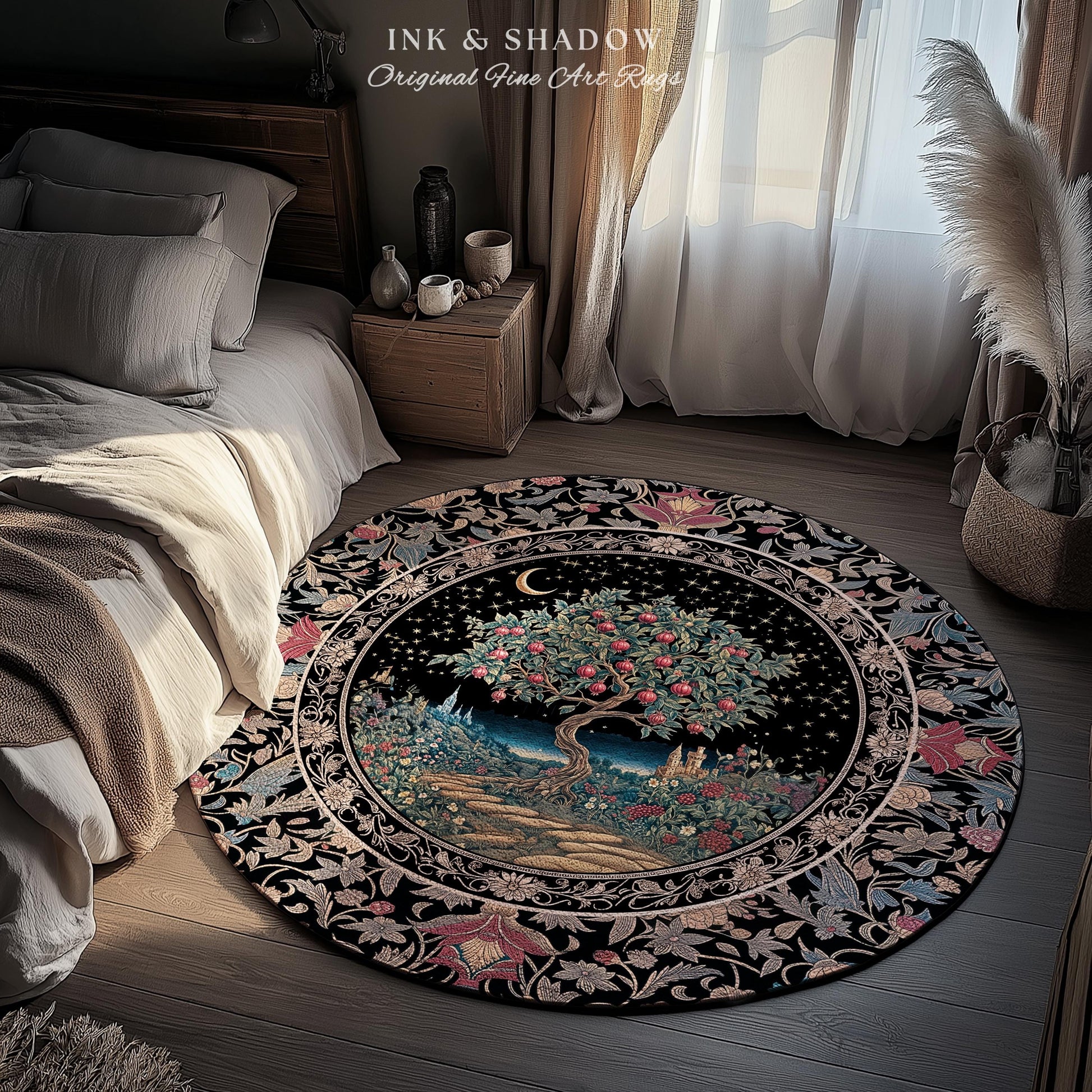 Twilight Orchard Tree of Life Round Rug | Enchanted Harvest Aesthetic Crimson Medieval Moonlit Magic Art Eclectic Interior Home Floor Accent