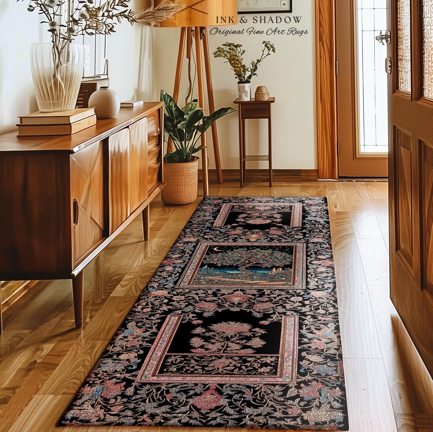 Twilight Orchard Tree of Life Round Rug | Enchanted Harvest Aesthetic Crimson Medieval Moonlit Magic Art Eclectic Interior Home Floor Accent