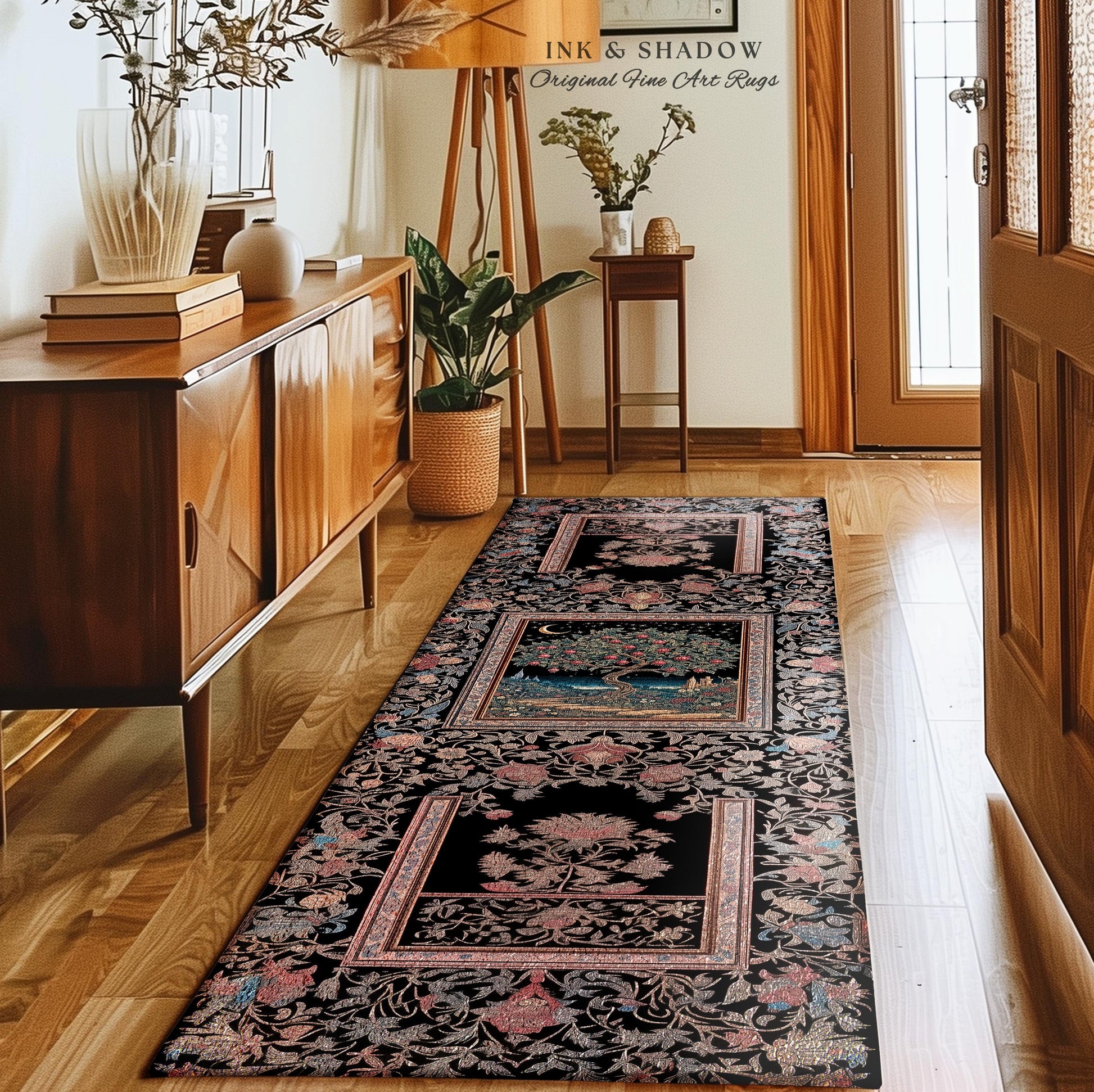 Twilight Orchard Tree of Life Round Rug | Enchanted Harvest Aesthetic Crimson Medieval Moonlit Magic Art Eclectic Interior Home Floor Accent