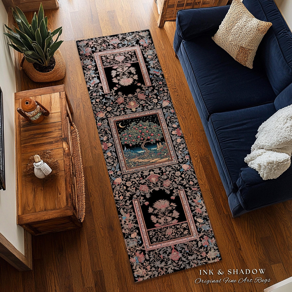 Twilight Orchard Tree of Life Round Rug | Enchanted Harvest Aesthetic Crimson Medieval Moonlit Magic Art Eclectic Interior Home Floor Accent