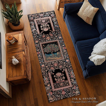 Twilight Orchard Tree of Life Round Rug | Enchanted Harvest Aesthetic Crimson Medieval Moonlit Magic Art Eclectic Interior Home Floor Accent