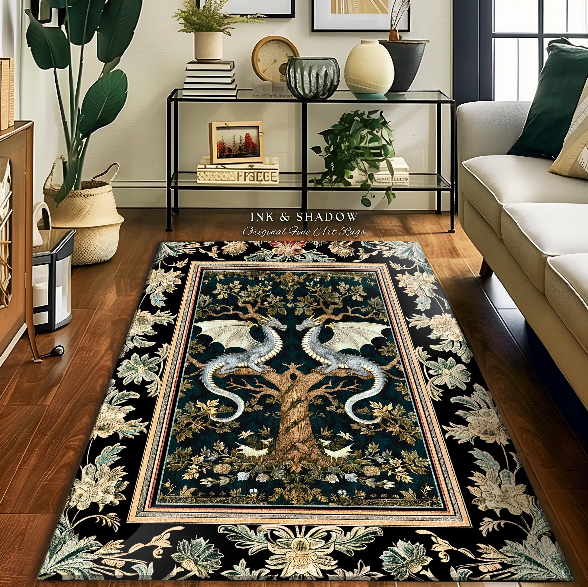 Mystical Victorian Dragon Rug Ornate Floral Art Nouveau Design, Enchanted Baroque Forest Fantasy | Medieval Gothic Cottagecore Accent Decor