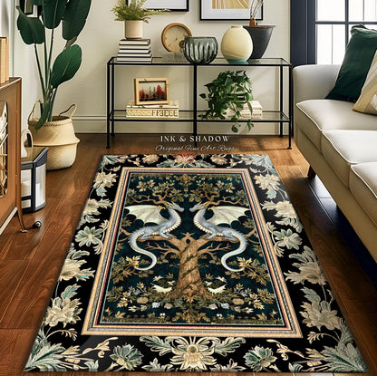 Mystical Victorian Dragon Rug Ornate Floral Art Nouveau Design, Enchanted Baroque Forest Fantasy | Medieval Gothic Cottagecore Accent Decor