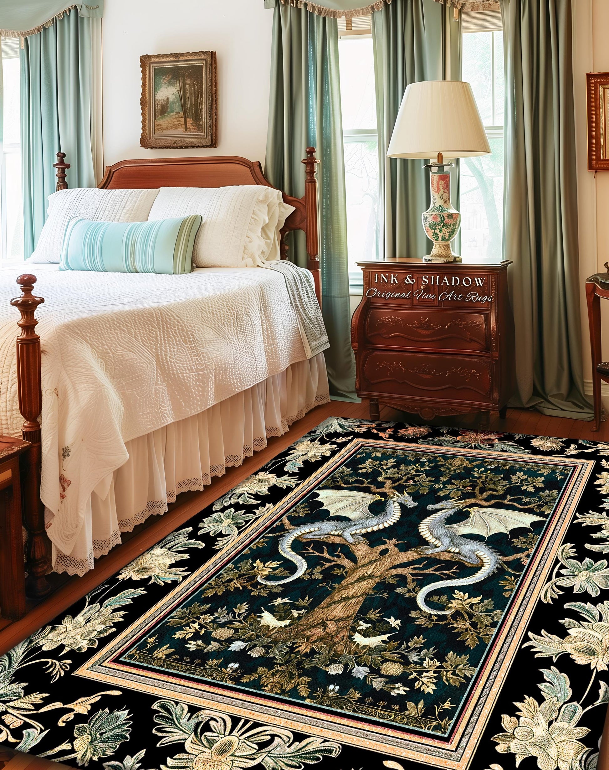 Mystical Victorian Dragon Rug Ornate Floral Art Nouveau Design, Enchanted Baroque Forest Fantasy | Medieval Gothic Cottagecore Accent Decor