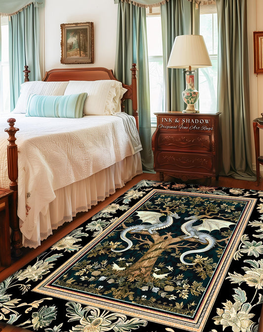 Mystical Victorian Dragon Rug Ornate Floral Art Nouveau Design, Enchanted Baroque Forest Fantasy | Medieval Gothic Cottagecore Accent Decor