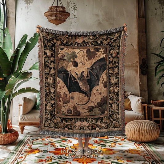 Bat Lover Maximalist Throw Blanket | Whimsical Gothic Cottagecore Blanket Woven Throw Witch Aesthetic Bedroom Woodland Ethereal Botanical