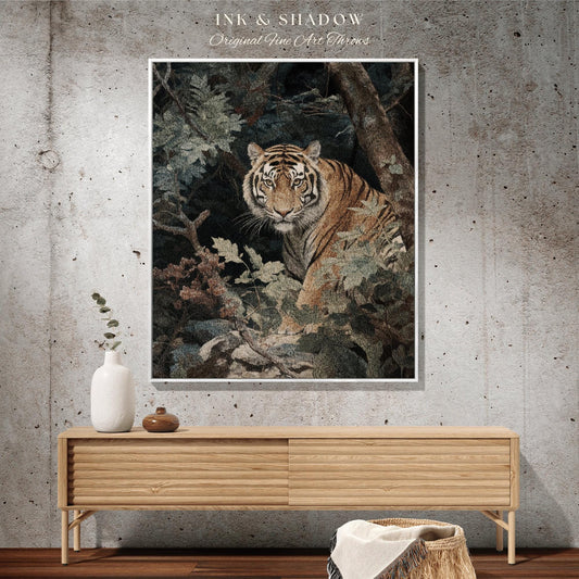 May include: A framed art print featuring a detailed illustration of a tiger amidst lush foliage. The tiger has orange and black stripes, with a focused gaze. The artwork is set against a backdrop of green and brown leaves and branches. The text "INK & SHADOW Original Fine Art Throws" is at the top.