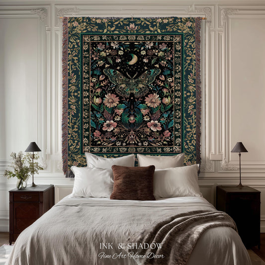 Mystic Moonlit Garden Moth Blanket Whimigothic Fairycore Decor | Dark Floral Witchy Moth Tapestry Whimsical Decor Butterfly Cottagecore Gift