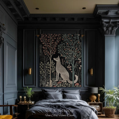 May include: A tapestry featuring a fox in a forest scene hangs above a bed with gray bedding. The tapestry has a black background with trees and floral details in muted colors. The room is decorated in dark blue tones.