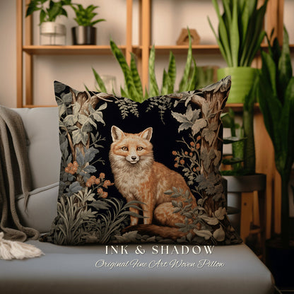 May include: A decorative pillow featuring a woven tapestry design of a fox sitting in a forest setting. The fox is orange and white with a black nose and eyes. The background is a dark green and brown with leaves and branches. The pillow has the text "INK & SHADOW Original Fine Art Woven Pillow" printed on the bottom.