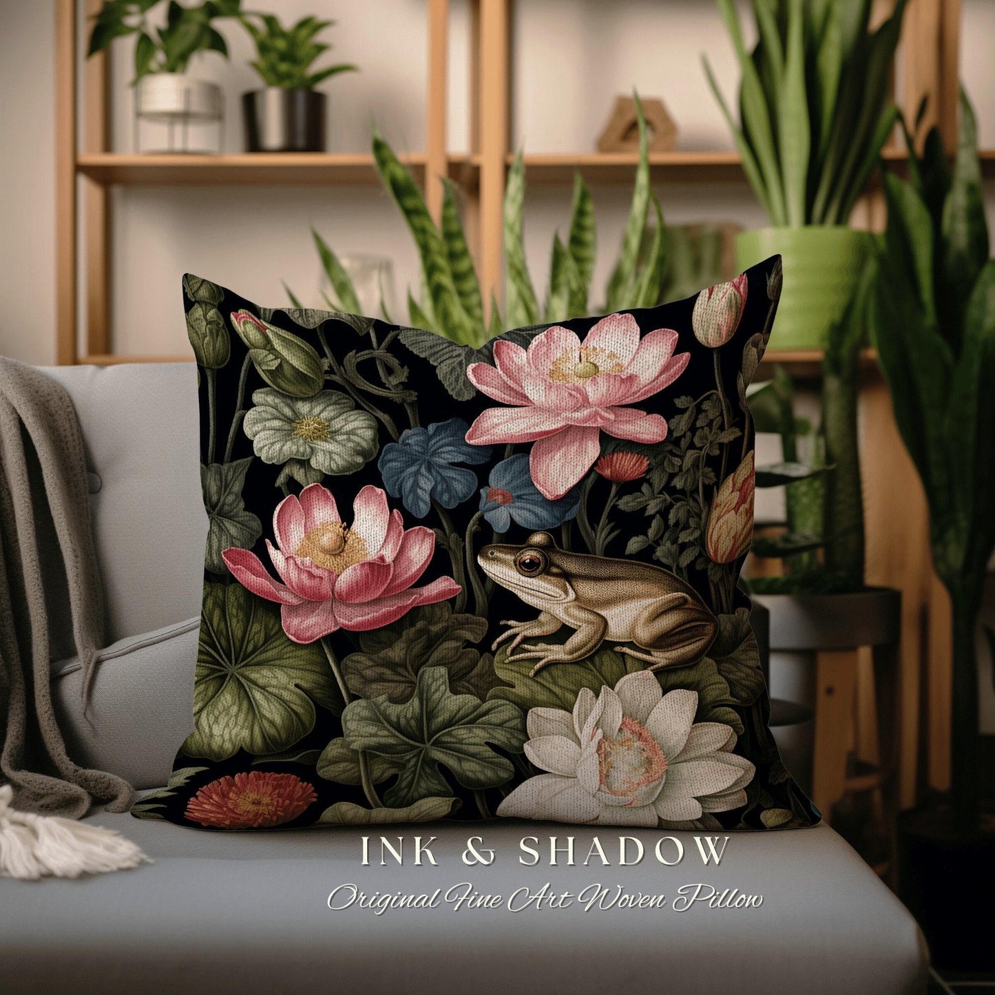 Floral Dark Cottagecore Frog Tapestry Cushion | Botanical Whimsigoth Art Woven Throw Pillow Vintage Nature Victorian Gothic Home Accent