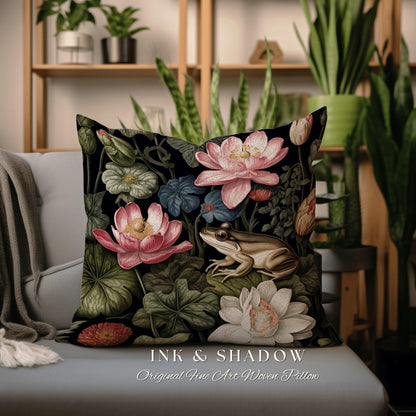 Floral Dark Cottagecore Frog Tapestry Cushion | Botanical Whimsigoth Art Woven Throw Pillow Vintage Nature Victorian Gothic Home Accent