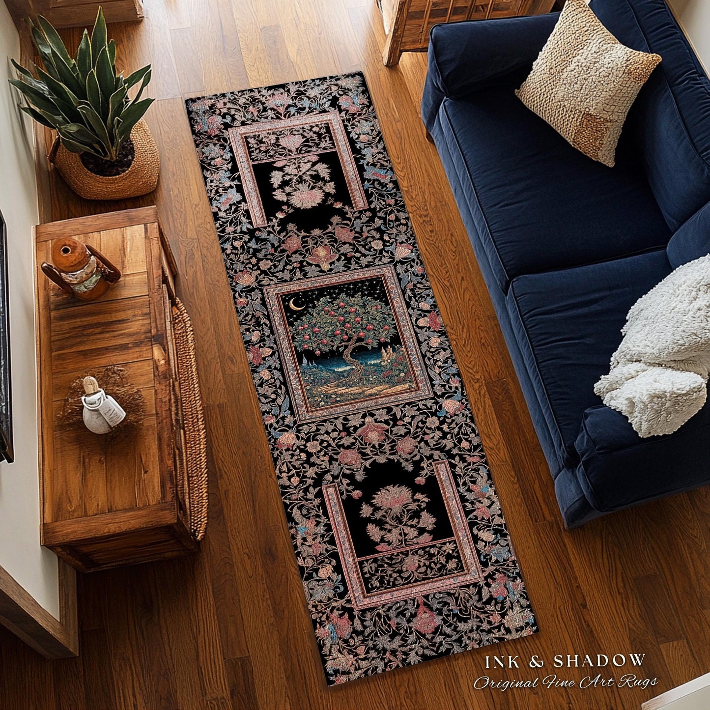 May include: A long rectangular runner rug featuring a black background with intricate floral patterns in shades of pink, blue, and green. The center panel displays a detailed illustration of a tree under a crescent moon and starry night sky.