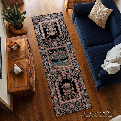 May include: A long rectangular runner rug featuring a black background with intricate floral patterns in shades of pink, blue, and green. The center panel displays a detailed illustration of a tree under a crescent moon and starry night sky.
