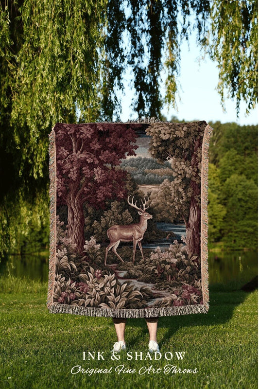 Victorian Woodland Deer Woven Throw Blanket | Romantic Mystical Forest Tapestry Dark Botanical Antique Landscape Rustic Nature Wall Decor