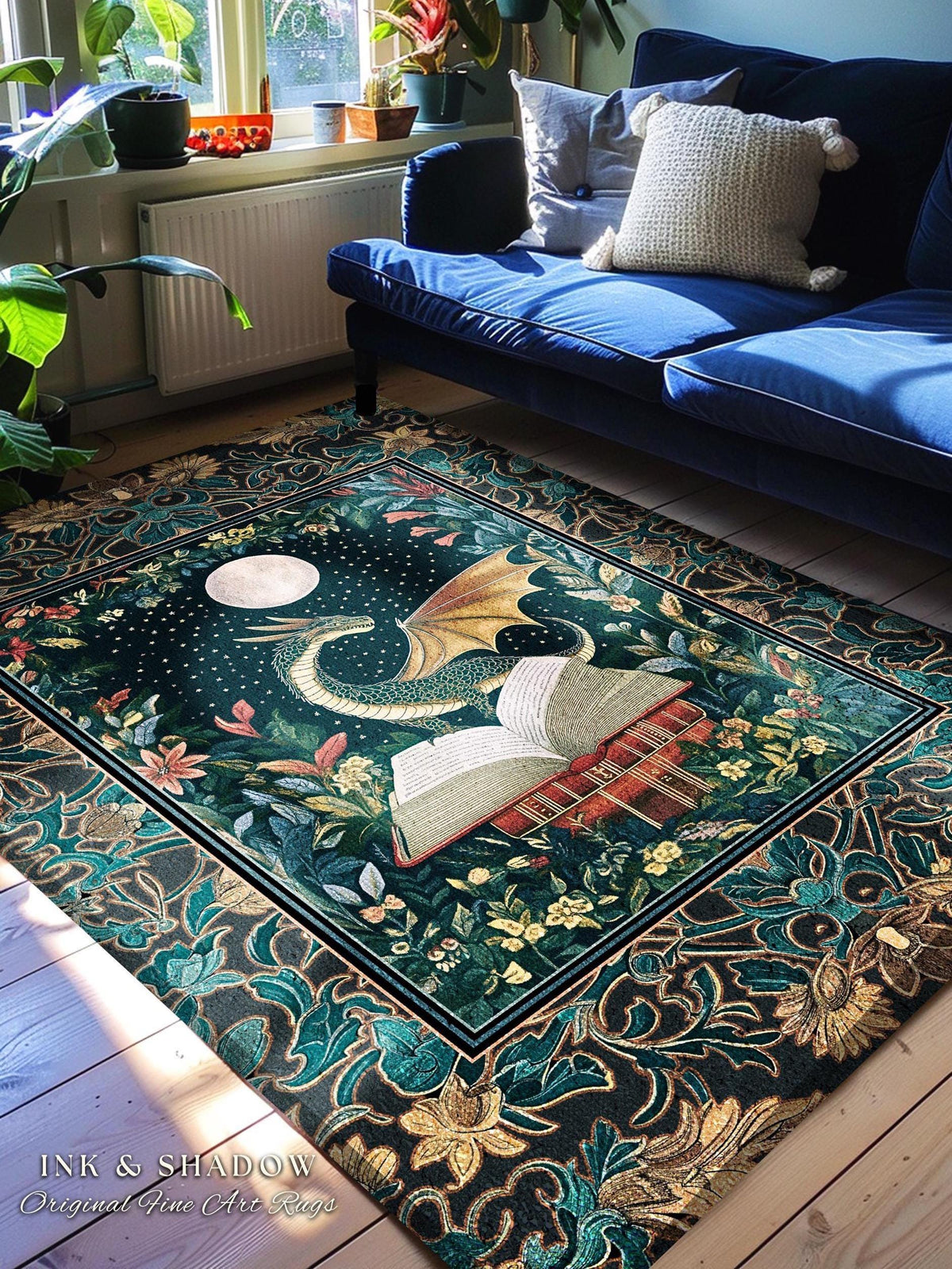 Witchy Moonlit Dragon Accent Rug | Book Lover Bedroom Fantasy Fairytale Style Fairycore Cottagecore Aesthetic Enchanting Area Rug Ethereal