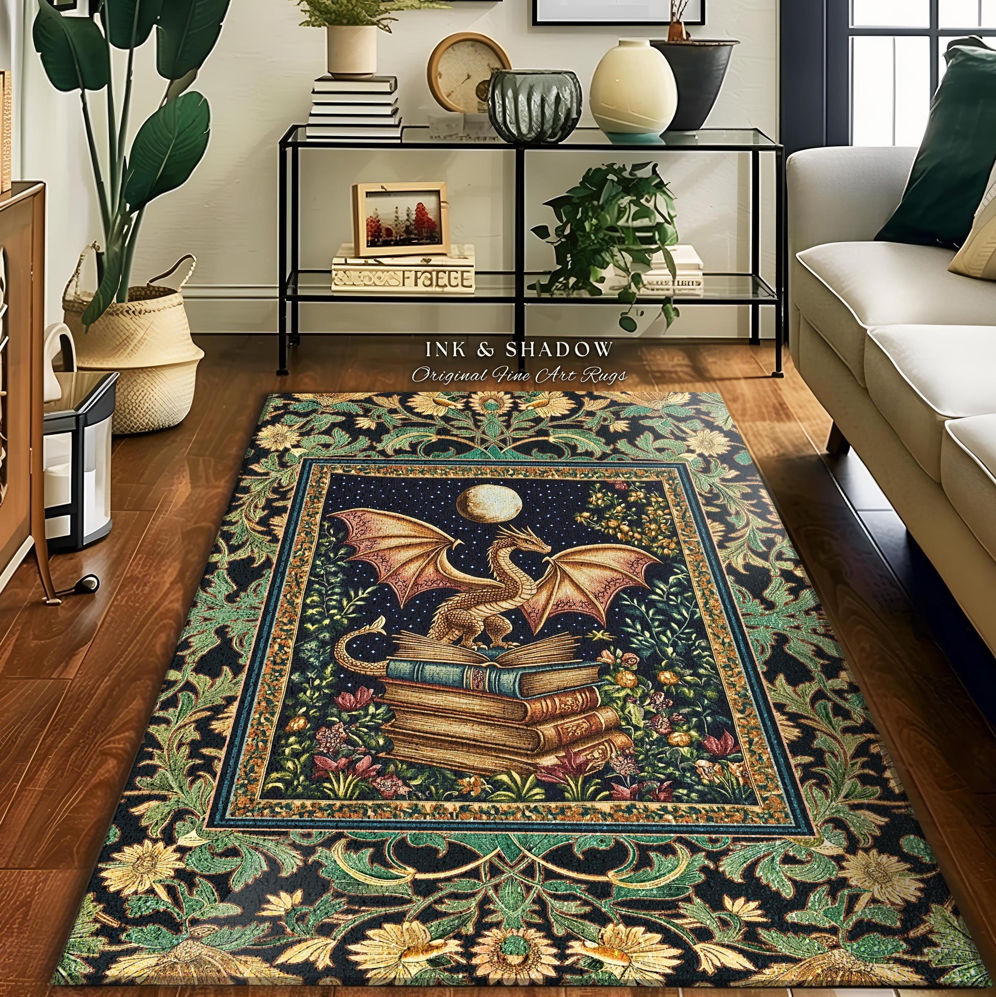 May include: A rectangular rug with a detailed design featuring a golden dragon with outstretched wings atop a stack of books under a full moon. The rug has a dark background with floral and leaf patterns in green, gold, and blue. The text "INK & SHADOW Original Fine Art Rugs" is at the top.