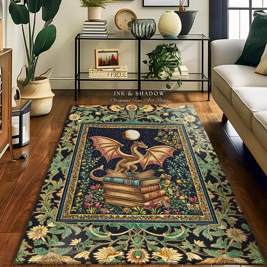 May include: A rectangular rug with a detailed design featuring a golden dragon with outstretched wings atop a stack of books under a full moon. The rug has a dark background with floral and leaf patterns in green, gold, and blue. The text "INK & SHADOW Original Fine Art Rugs" is at the top.