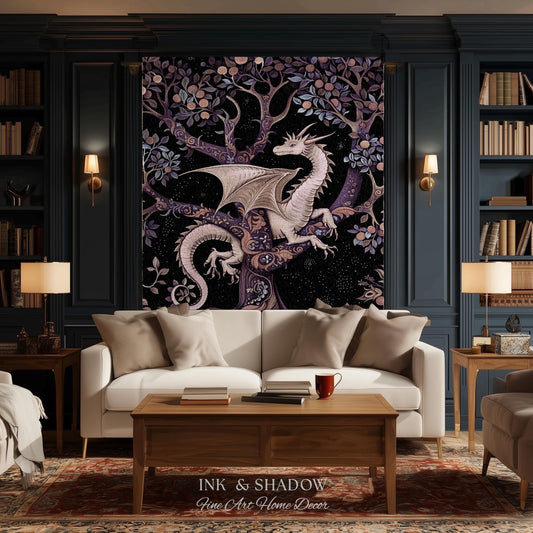 May include: A large wall tapestry featuring a pale dragon perched in a stylized tree with purple and orange foliage against a dark starry background. The text INK & SHADOW Fine Art Home Decor is printed in white at the bottom of the tapestry.