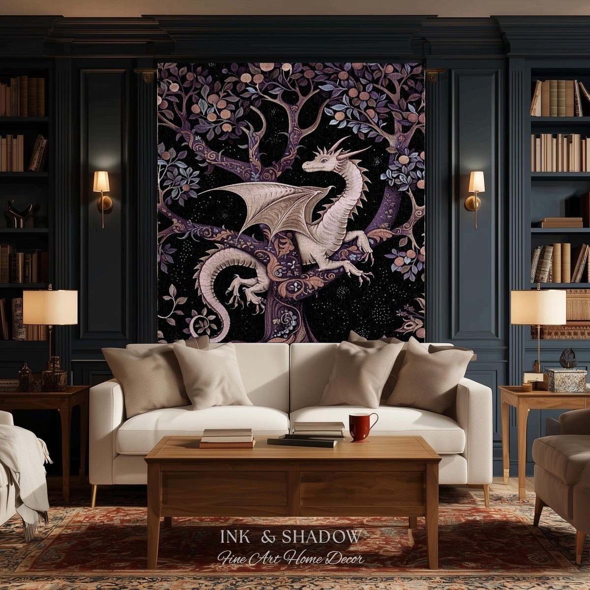 May include: A large wall tapestry featuring a pale dragon perched in a stylized tree with purple and orange foliage against a dark starry background. The text INK & SHADOW Fine Art Home Decor is printed in white at the bottom of the tapestry.