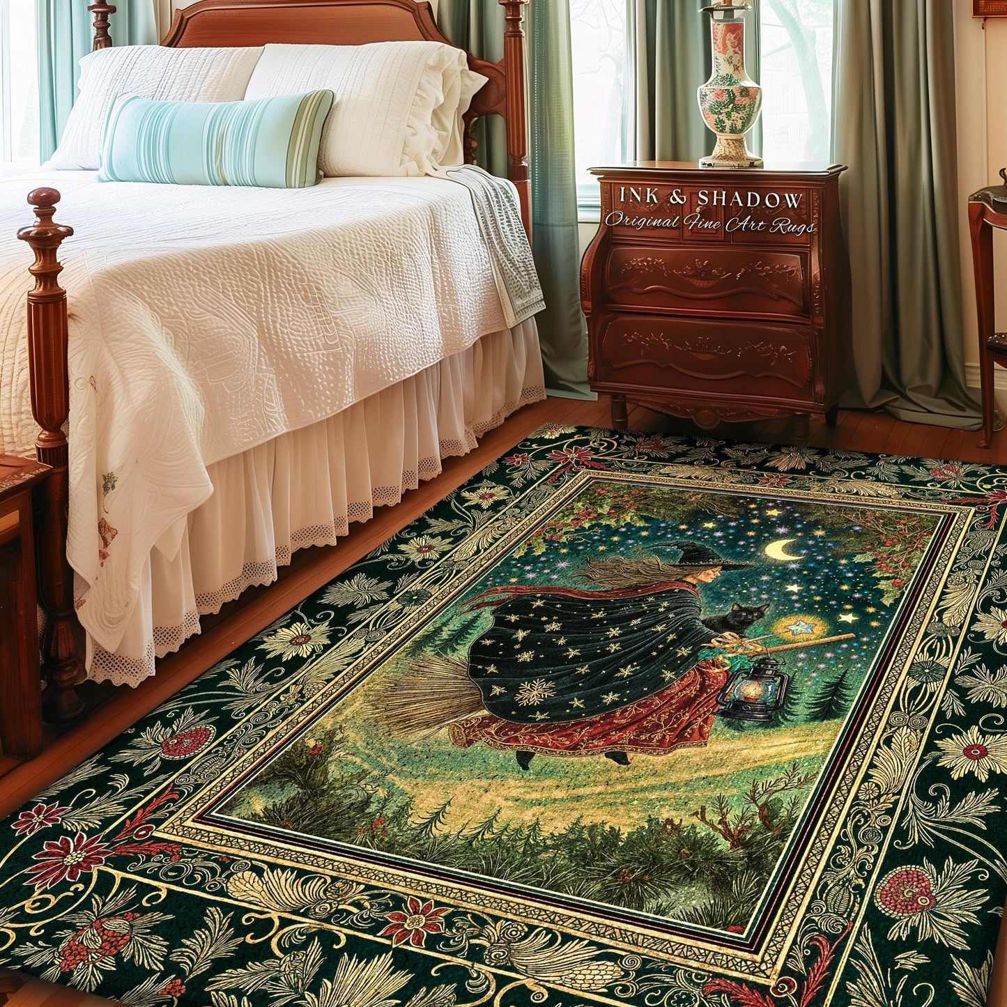 May include: A rectangular area rug featuring a witch flying on a broomstick under a starry night sky. The rug has a dark green border with floral and scrollwork designs. The text "INK & SHADOW Original Fine Art Rugs" is visible on a nearby wooden cabinet.
