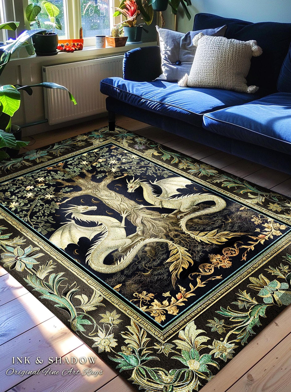 Botanical Gothic Dragon Rug Mythical Tree of Life Fantasy Art Nouveau Decor, Enchanted Woodland Cottagecore Medieval Inspired Whimsigoth Art