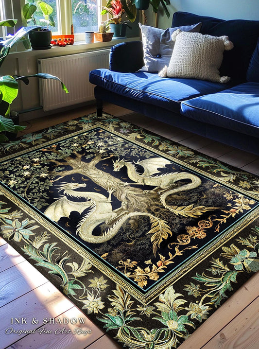Botanical Gothic Dragon Rug Mythical Tree of Life Fantasy Art Nouveau Decor, Enchanted Woodland Cottagecore Medieval Inspired Whimsigoth Art