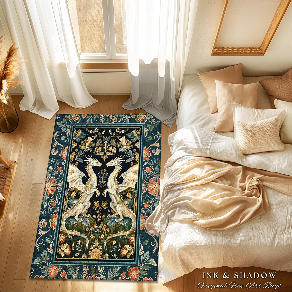 Antique Victorian Gothic Aesthetic Dragon Art Nouveau Rug | Whimsigoth Bedroom Fantasy Medieval Folklore Mythical Forestcore Enchanted Decor