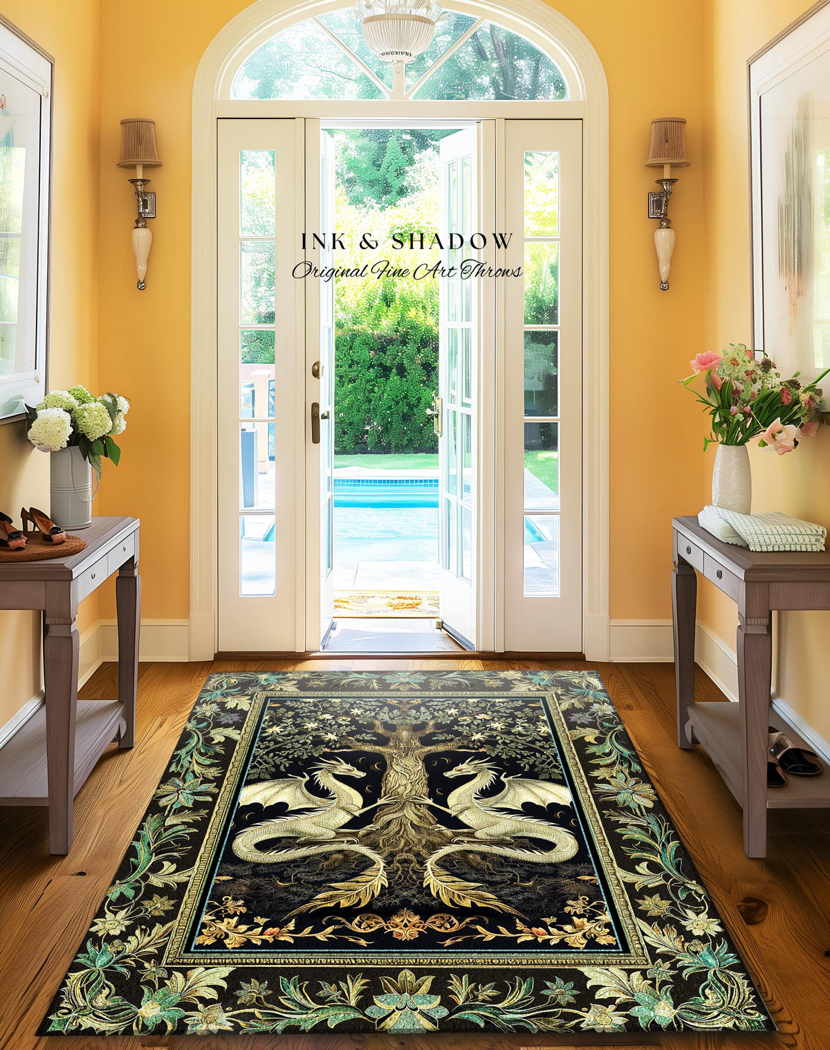 Botanical Gothic Dragon Rug Mythical Tree of Life Fantasy Art Nouveau Decor, Enchanted Woodland Cottagecore Medieval Inspired Whimsigoth Art