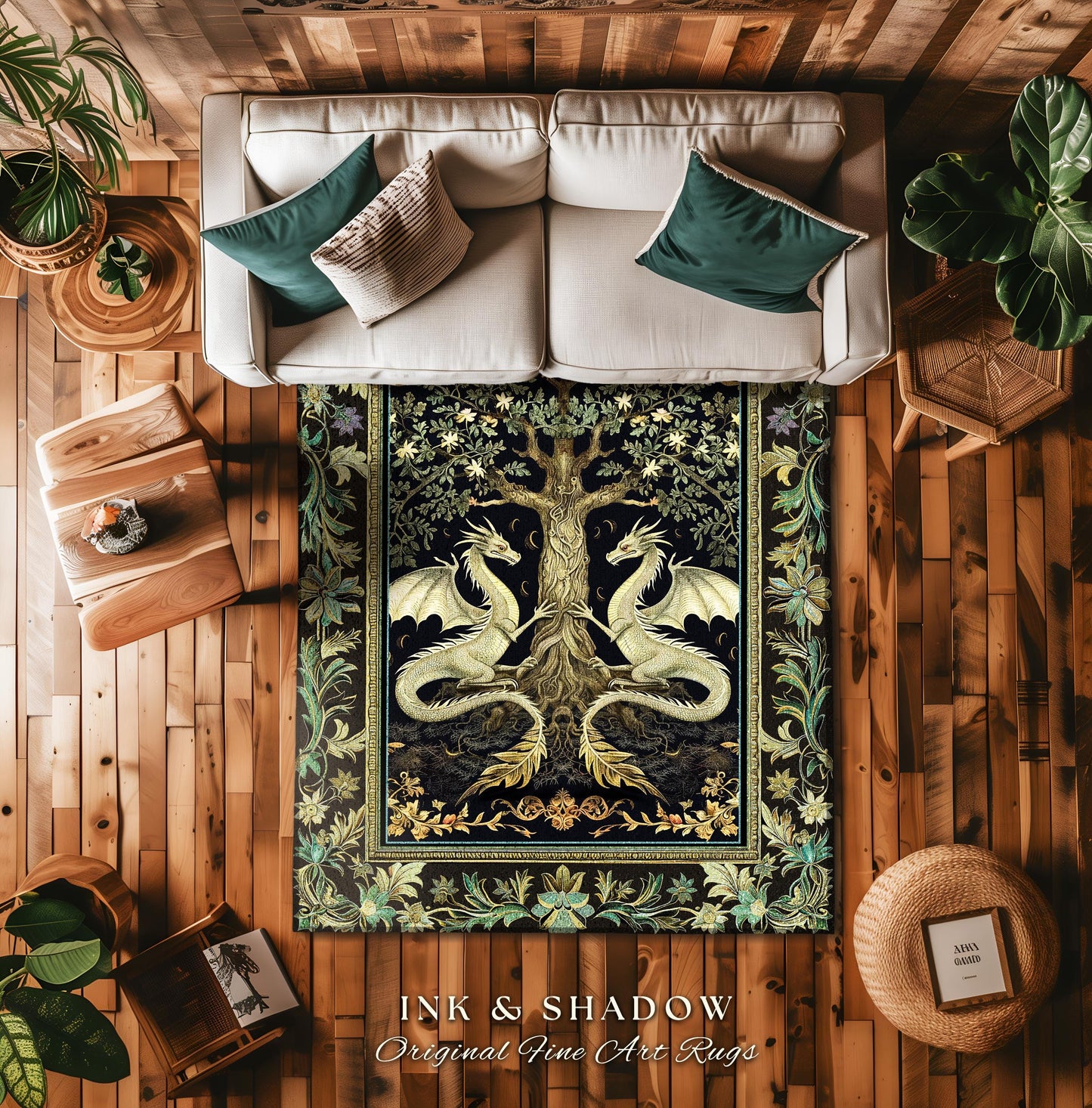 Botanical Gothic Dragon Rug Mythical Tree of Life Fantasy Art Nouveau Decor, Enchanted Woodland Cottagecore Medieval Inspired Whimsigoth Art