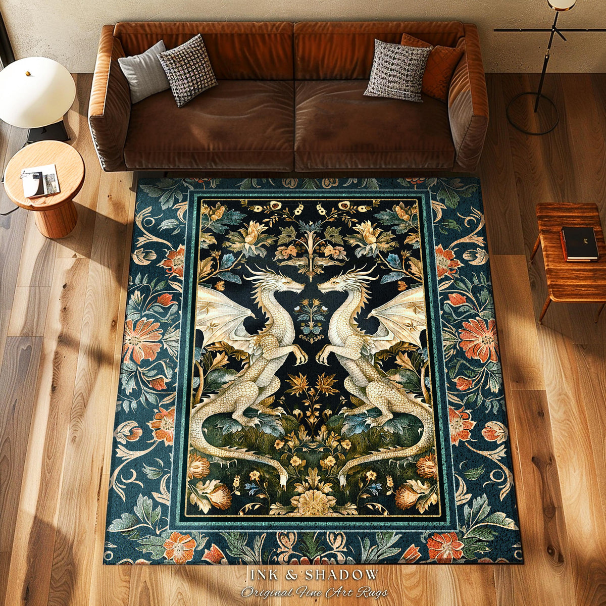 Antique Victorian Gothic Aesthetic Dragon Art Nouveau Rug | Whimsigoth Bedroom Fantasy Medieval Folklore Mythical Forestcore Enchanted Decor