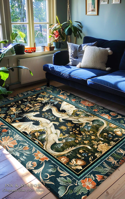 Antique Victorian Gothic Aesthetic Dragon Art Nouveau Rug | Whimsigoth Bedroom Fantasy Medieval Folklore Mythical Forestcore Enchanted Decor