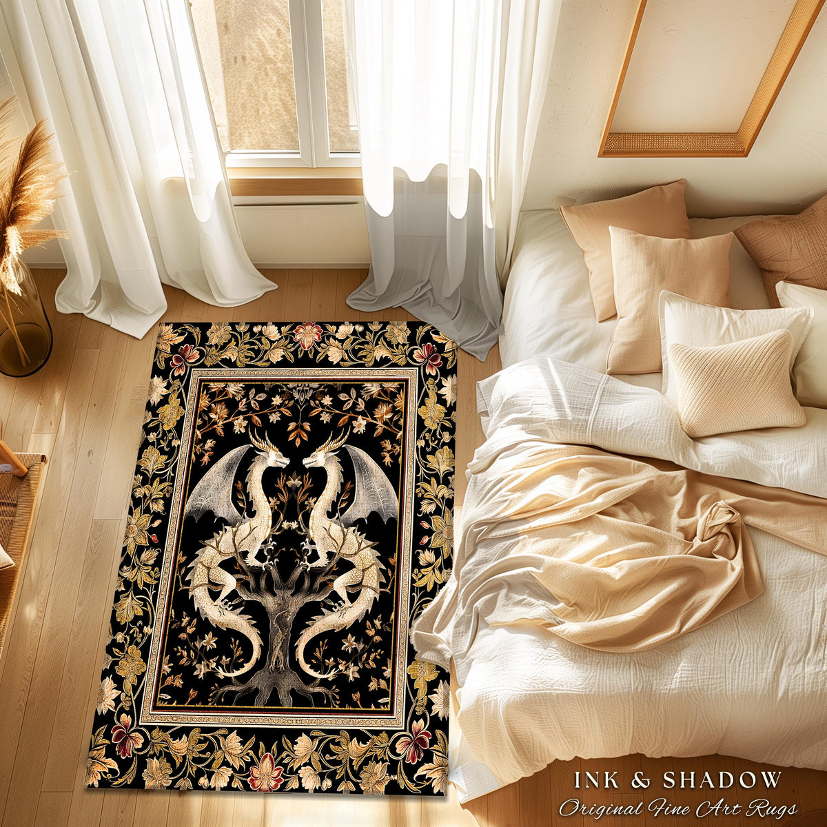 Ethereal Dragon Lover Rug Magical Fantasy Gothic Decor | Enchanted Artful Gift Fairytale Mystical Magic Dark Academia Whimsigothic Floor Art