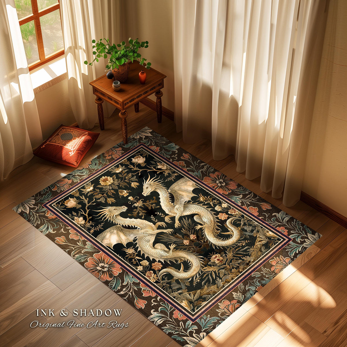 Fantasy Inspired Dragon Rug Victorian Gothic Decor | Enchanted Medieval Dragon Lovers Light Academia Mystical Mythological Whimsigothic Art