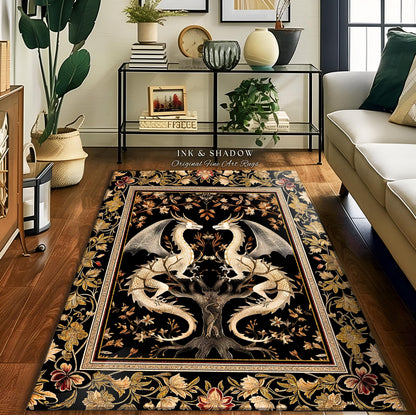 Ethereal Dragon Lover Rug Magical Fantasy Gothic Decor | Enchanted Artful Gift Fairytale Mystical Magic Dark Academia Whimsigothic Floor Art
