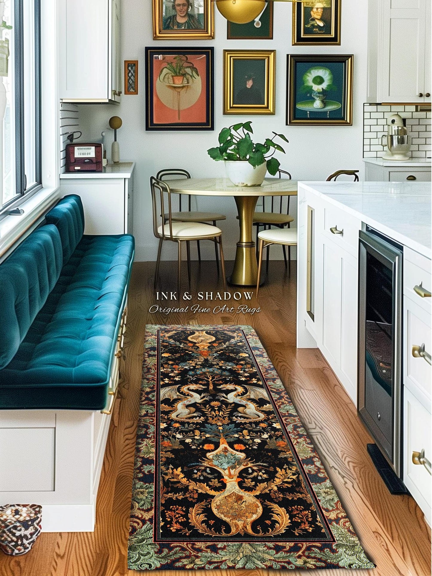 May include: A black and gold runner rug with an intricate floral and dragon design, placed on a hardwood floor in a kitchen setting. The rug features a detailed border and the text "INK & SHADOW Original Fine Art Rugs".