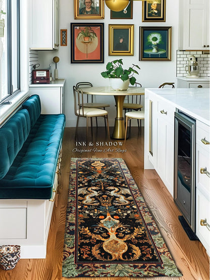 May include: A black and gold runner rug with an intricate floral and dragon design, placed on a hardwood floor in a kitchen setting. The rug features a detailed border and the text "INK & SHADOW Original Fine Art Rugs".