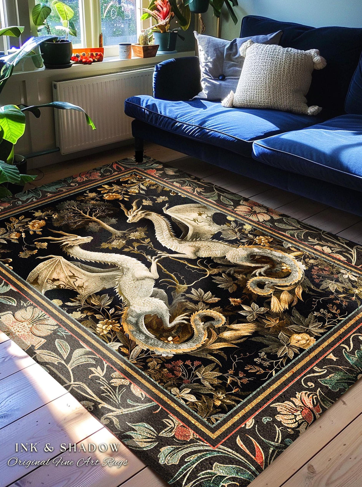 Fantasy Inspired Dragon Rug Victorian Gothic Decor | Enchanted Medieval Dragon Lovers Light Academia Rug Whimsigothic Fantasy Art Mystic Rug