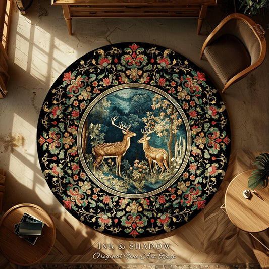 May include: Round black rug with a central image of two deer in a forest scene, surrounded by a floral border in red, green, and gold. The rug has a decorative border and is placed on a wooden floor. The text "INK & SHADOW Original Fine Art Rugs" is at the bottom.