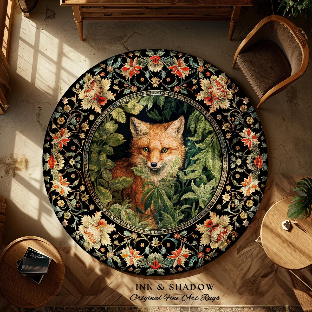 Dark Botanical Round Fox Rug Vintage Forest Aesthetic | Cottagecore Woodland Gothic Fox Art Decor Boho Fairycore Nature Lovers Floral Whimsy